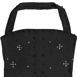 Detail of black halter dress featuring elegant beadwork and crystal embellishments