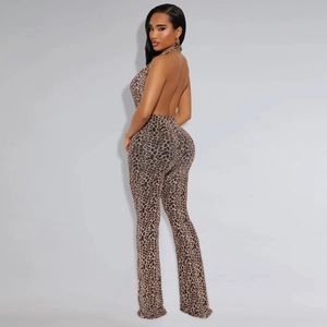 Detailed back view of leopard print halter jumpsuit with open back and flared leg style