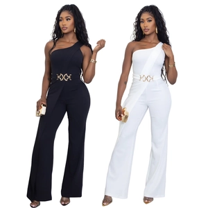 Elegant one-shoulder jumpsuit for women with golden decorative belt and wide-leg design