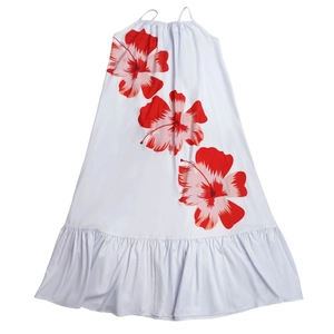 Detail of red hibiscus floral print and ruffled hem on white halter maxi dress