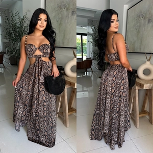 Haut Et Jupe Sexy Imprimé Serpent Pour Femme Tenue De Vacances D'été Bretelles En Perles De Bois Jupe Maxi Taille Haute Évidée À Lacets Deux Pièces