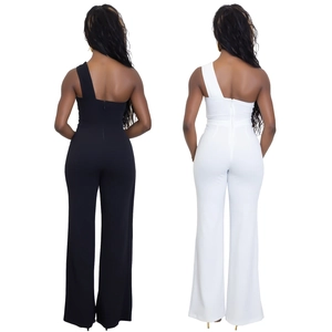 Rear view of elegant one shoulder wide leg jumpsuits in black and white colors