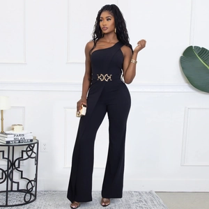 Elegant black one-shoulder jumpsuit with decorative gold belt and wide-leg trousers