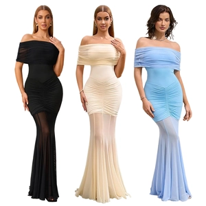 Elegant off-shoulder fishtail midi dress with mesh splicing in black, blue and champagne