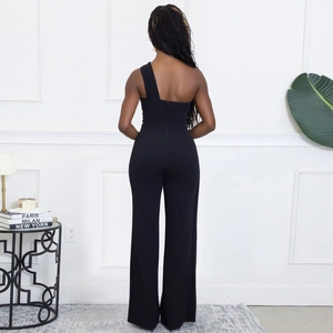 Elegant black one-shoulder slim fit jumpsuit for women with sleek open back design