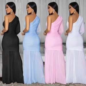 Elegant one-shoulder ruched mesh maxi dress for women in black blue pink and white colors