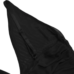 Close-up of adjustable thin shoulder straps on black mesh summer dress fabric