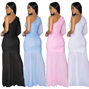 Collage of slim fit one-shoulder mesh dresses in black, blue, pink, and white colors