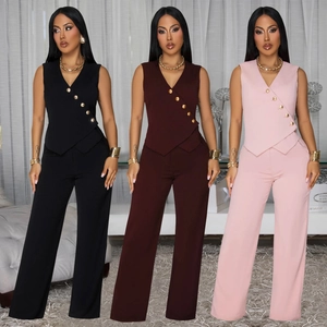 Femme Sans Manches Col En V Top And Bottom Décontracté Bureau Bouton Décor Pantalon Jambe Large Costume Polyester Spandex