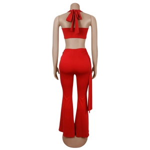 Détails du dos d'un ensemble rouge avec crop top dos nu et pantalon évasé à taille haute