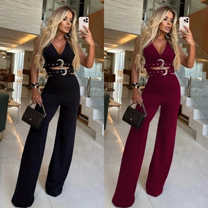 Elegant Women V-Neck Sleeveless Crop Top And Wide Leg Pants Outfit With Belt Decoration Fashion Commuter Style Party Wear