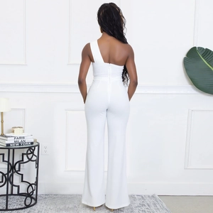 Elegant white one-shoulder jumpsuit with back zipper detail and wide-leg cut