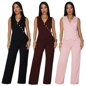 Ensemble deux pièces pour femme avec gilet à col en V, boutons dorés et pantalon large