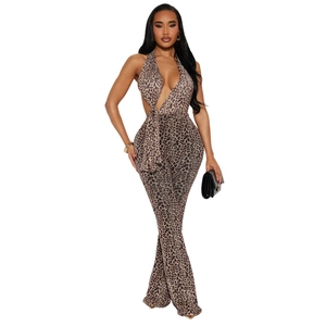 Sexy halter neck leopard print jumpsuit with deep V-neck and flared pants detail
