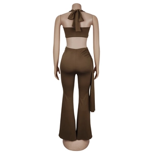 Vue arrière d'un ensemble marron deux pièces avec crop top dos nu et pantalon évasé sur mannequin