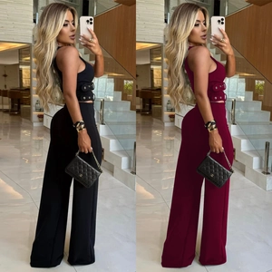 Women's chic V-neck two-piece set featuring buckled vest and wide-leg trousers ensemble