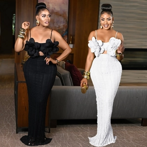 Women Sexy Lace 3D Floral Maxi Dress Open Back Sling Sleeveless Slim Fit Fishtail Party Evening Elegant Dress
