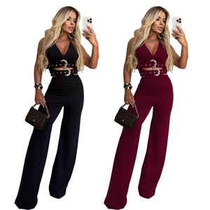 Women's chic V-neck two-piece set featuring cutout waist belts and wide-leg pants