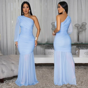 Elegant light blue one-shoulder ruched maxi dress with sheer sleeve and fishtail hem