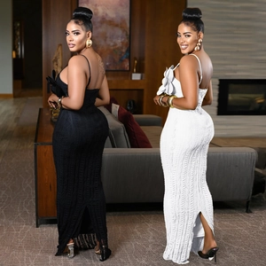 Elegant backless bodycon maxi dress with 3D floral accents in black and white styles