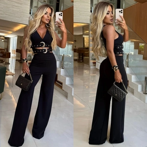 Front and side view of black two-piece v-neck vest and high-waist trousers set
