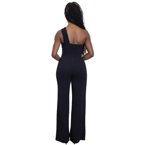 Elegant black one-shoulder jumpsuit featuring wide-leg cut and detailed back tailoring