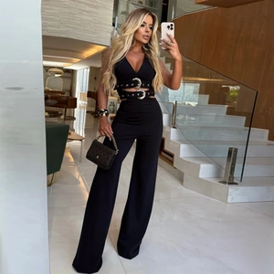 Elegant black V-neck jumpsuit with waist cut-outs and golden buckles for women