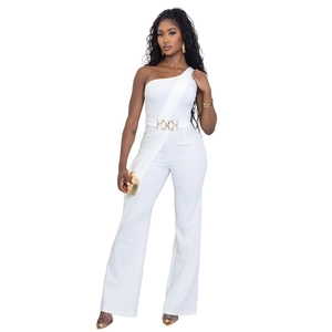 Detail of elegant white one-shoulder jumpsuit with golden buckle belt and wide legs