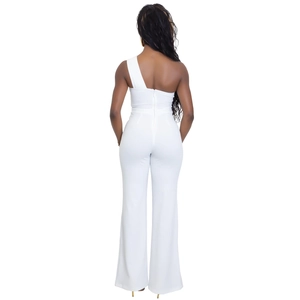 Back view of elegant white one-shoulder jumpsuit with slim fit and invisible rear zipper