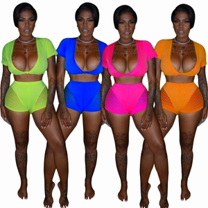 Women Sexy Two Piece Shorts Set Neon Solid Color Deep V Neck Crop Top And Mesh Patchwork High Waist Shorts Party Clubwear