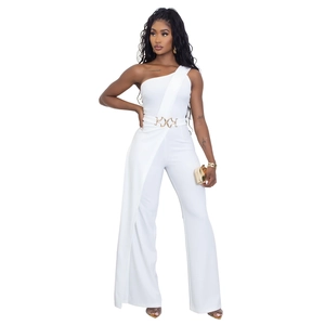 Detail of white one-shoulder jumpsuit with wide legs and golden metallic buckle belt