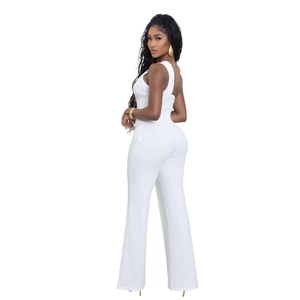 Elegant white one-shoulder jumpsuit featuring a slim-fit waist and wide-leg trousers design