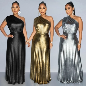 Women Elegant One Shoulder Pleated Maxi Dress Metallic Luster Bronzing Sleeveless Evening Party Banquet A-Line Long Gown