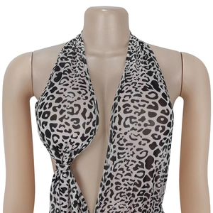 Detail of leopard print halter neck deep V-neck mesh bodysuit with ruffled waist