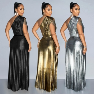 Elegant one shoulder pleated metallic maxi dress in black, gold, and silver colors