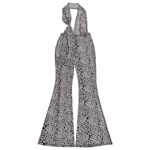 Close-up of leopard print halter neck design and flared jumpsuit leg texture