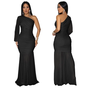 Close-up of the elegant black one-shoulder ruched dress with a sleek fishtail silhouette