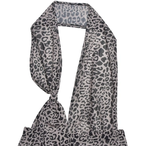Detail of grey leopard print mesh halter neck bodysuit with stylish front knot detail