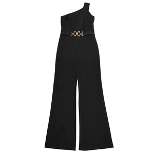 Detail of elegant black one-shoulder jumpsuit with decorative gold geometric waist buckle