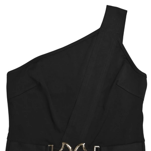 Detail of elegant black one-shoulder top featuring stylish silver geometric metal buckle