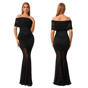 Detailed front and back view of black off-shoulder mesh mermaid dress with ruching