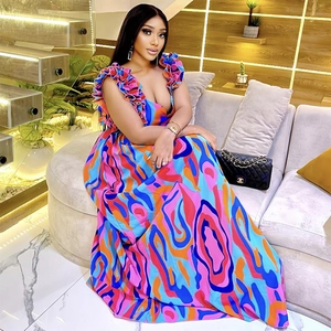 Elegant multi-color abstract print maxi dress with V-neck and ruffle shoulder straps