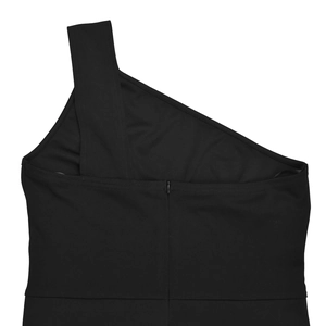 Detail of elegant black one-shoulder jumpsuit with a hidden zipper and premium stitching
