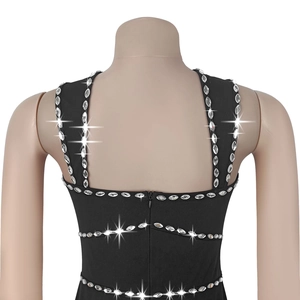 Detail view of black elegant dress with silver rhinestones and invisible back zipper