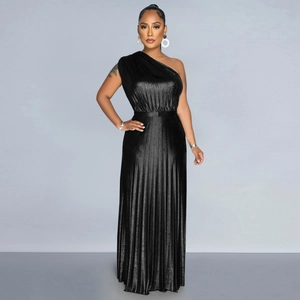 Elegant black one-shoulder pleated maxi dress with metallic finish for formal evening events