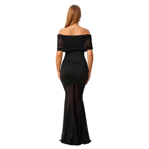 Detail of elegant black off-shoulder mesh evening dress with slimming fishtail design