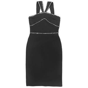 Close-up of elegant black bodycon dress featuring sparkling rhinestones and halter neck straps