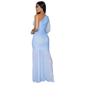 Detail of light blue one shoulder ruched mesh dress with elegant mermaid silhouette