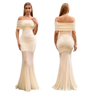 Front and back view of off-shoulder champagne mesh dress with pleated fishtail hem