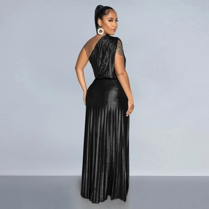 Elegant black one-shoulder pleated maxi dress with open back for formal evening parties